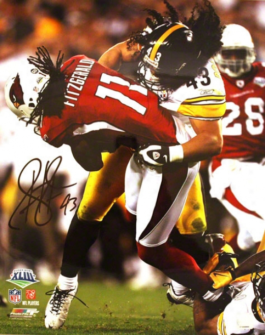 Troy Polamalu Pittsburgh Steelers Autographed 16x20 Photo Tackling Larry Fitzgerald