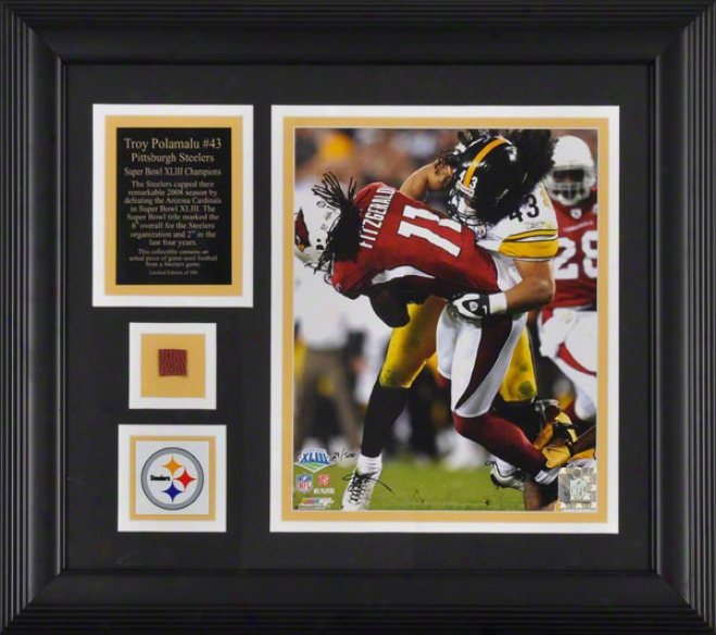 Troy Polamalu Pittsbirgh Steelers - Sbxliii Action - Framed 8x10 Photograph With Medal, Lamina And Football