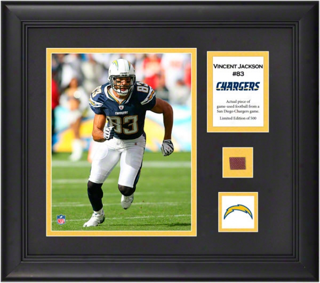 Vincent Jackson Framed 8x10 Photograph  Details: San Diego Chargers, With Game-used Football Piece And Desvriptive Plate