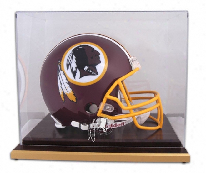 Washington Redskins Logo Helmet Display Case Details: Wood Base, Mirrored Back