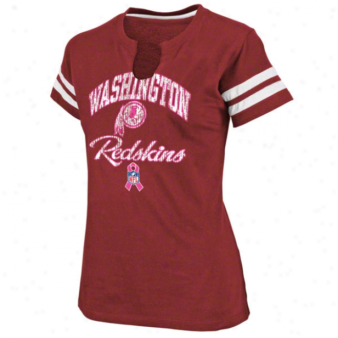 Washington Redskins Women's Maroon Breast Cancer Awareness Split Neck Crew T-shirt