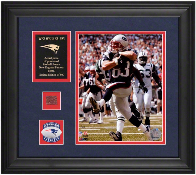 Wes Welker New England Patriots Framed 8x10 Photograph With Courageous Used Football Piece And Descriptive Plate