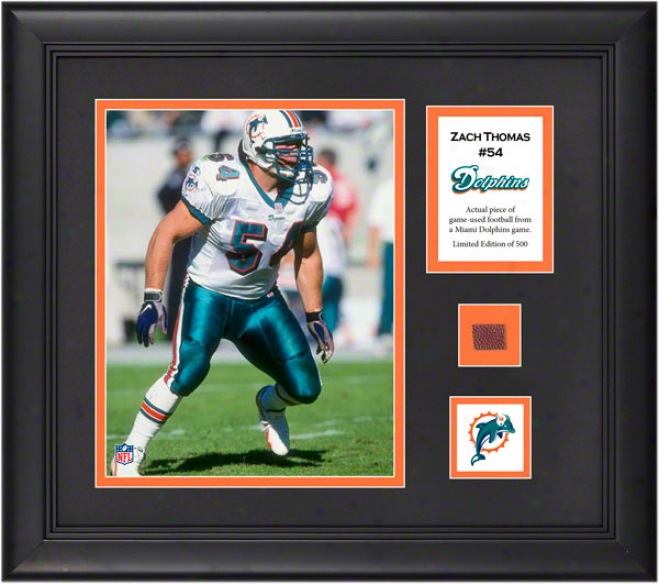 Zach Thomas Framed 8x10 Photograph  Details:  Miami Dolphins, With Game-used Football Piece And Descriptive Plate
