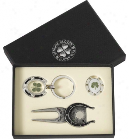 Good Luck Brand 4 Leaf Clover Gift Set With Horseshoe Keychain And Divot Tool