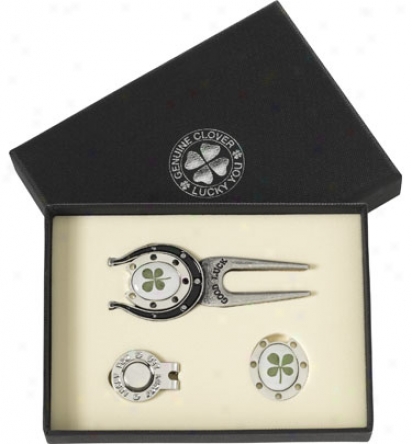 Good Luck Brand 4 Leaf Clover Gift Set With Horseshoe Hat Cliip & Divot Tool