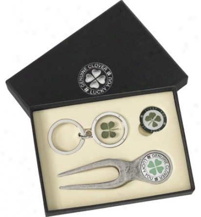 Good Luck Brand 4 Leaf Clover Gfit Set With Keychain And Curved Divot Tool